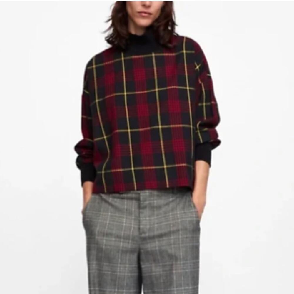 Zara Women High‎ Neck Mock Neck Turtleneck Plaid Tartan Shirt